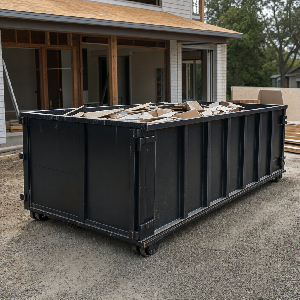 Large matte-black 30-yard construction roll-off dumpster at an active Odessa jobsite, steel-gray top rails and bottom rollers visible, loaded with construction debris.