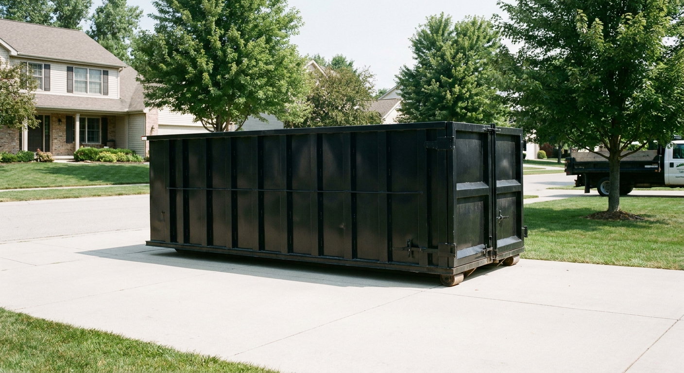 Matte-black 20-yard roll-off dumpster sitting level on a clean Odessa residential concrete driveway under bright daylight, demonstrating clean placement directly on the concrete.