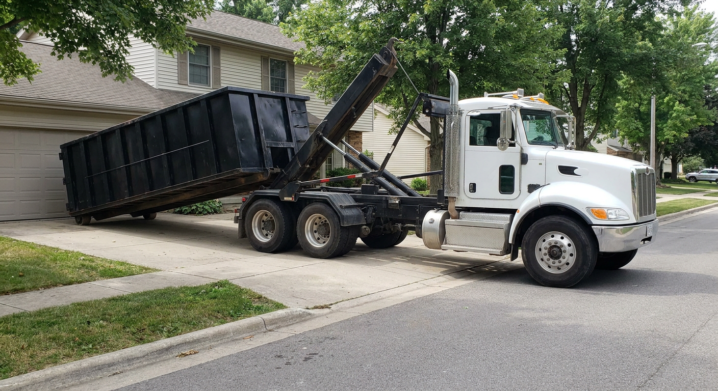 White-cab hooklift roll-off truck actively lowering a matte-black dumpster onto a Odessa residential concrete driveway, the dumpster's rear wheels touching the driveway as the hoist arm tilts the bed forward, mid-morning daylight.