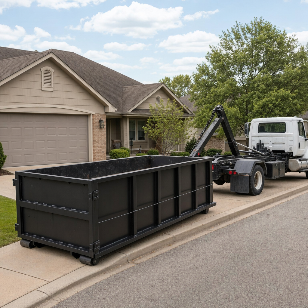Wide documentary shot of a matte-black roll-off dumpster on a Odessa residential driveway in the foreground and a contractor jobsite container in the soft-focus background, bright daylight, calm and orderly composition.